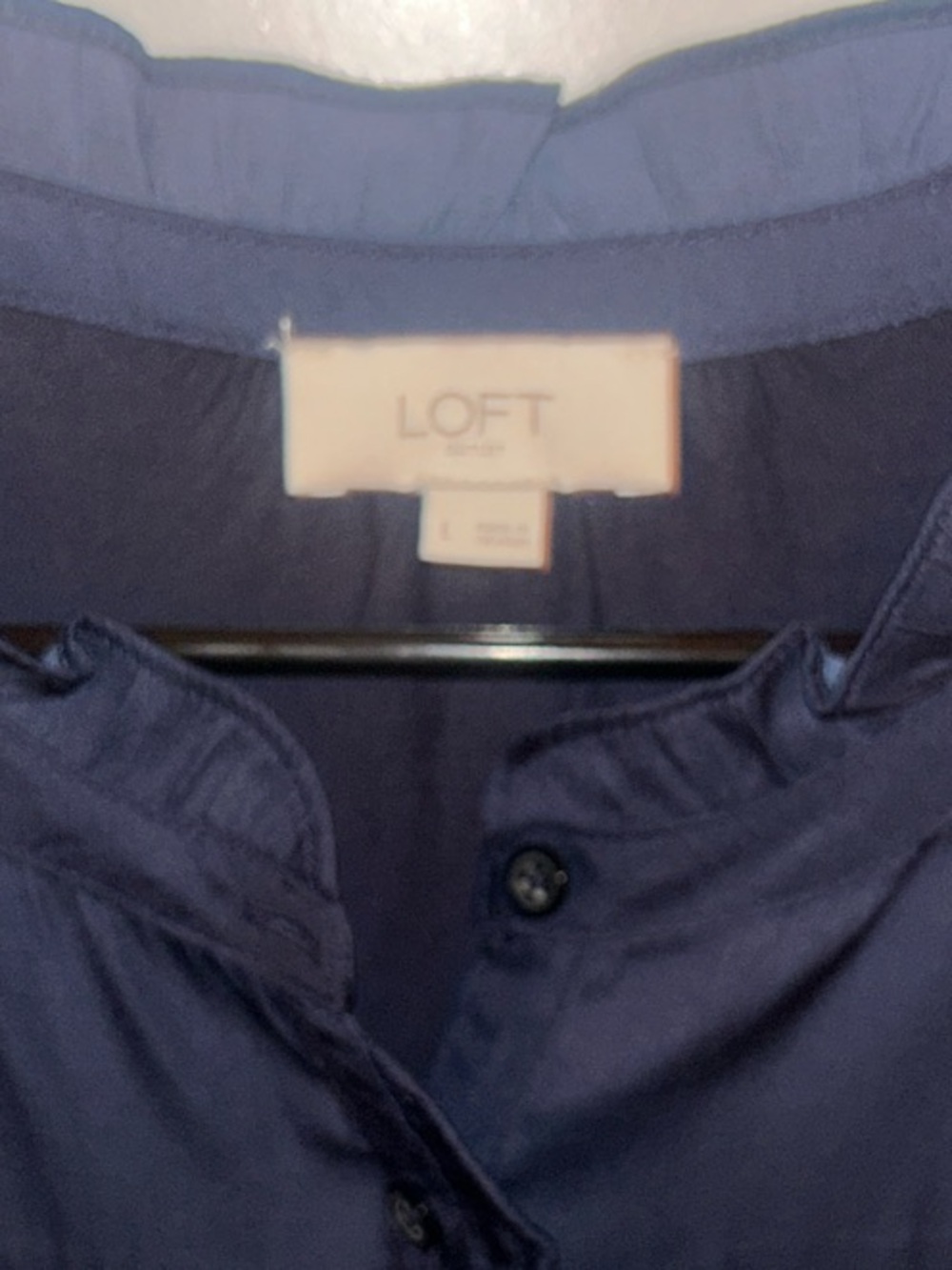 LOFT Navy Ruffle-Trim Button-Front Blouse - Picture 2 of 5